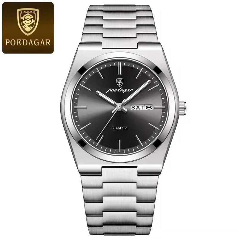 POEDAGAR Quartz Watch for Men Classic Dress Analog Day-Date | Silver Black