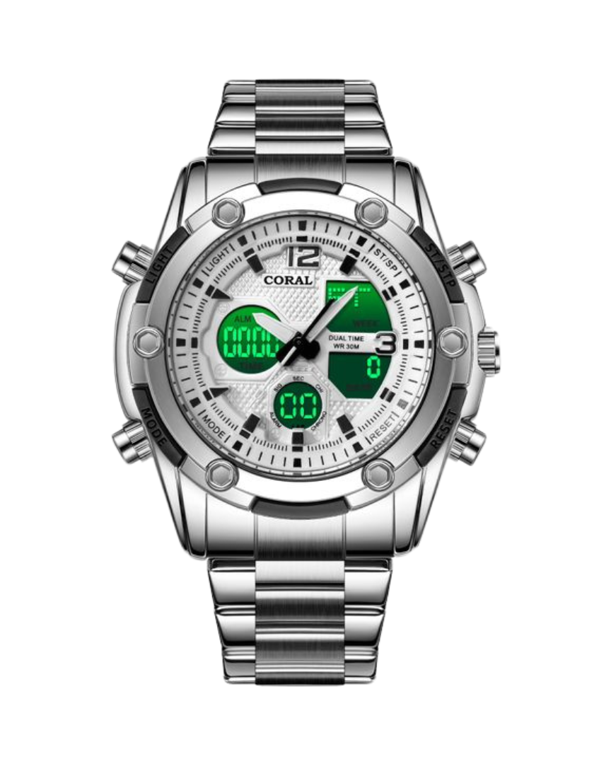 Coral Chrono Multifunctional Watch For Men | Analog & Digital Dual Time Men’s Watch | White Silver (9624)-KYAMSTORE