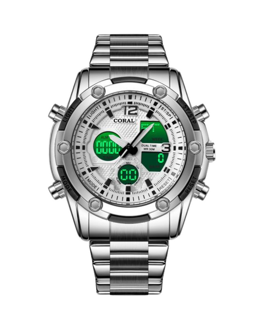 Coral Chrono Multifunctional Watch For Men | Analog & Digital Dual Time Men’s Watch | White Silver (9624)-KYAMSTORE