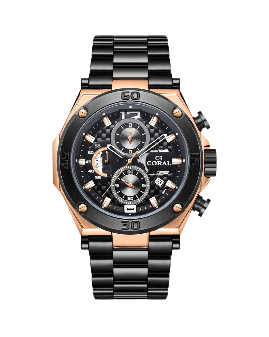 Coral 6 Hands Chronograph Men’s Watch With Date | Stainless Steel | Black RoseGold (9614)-KYAMSTORE