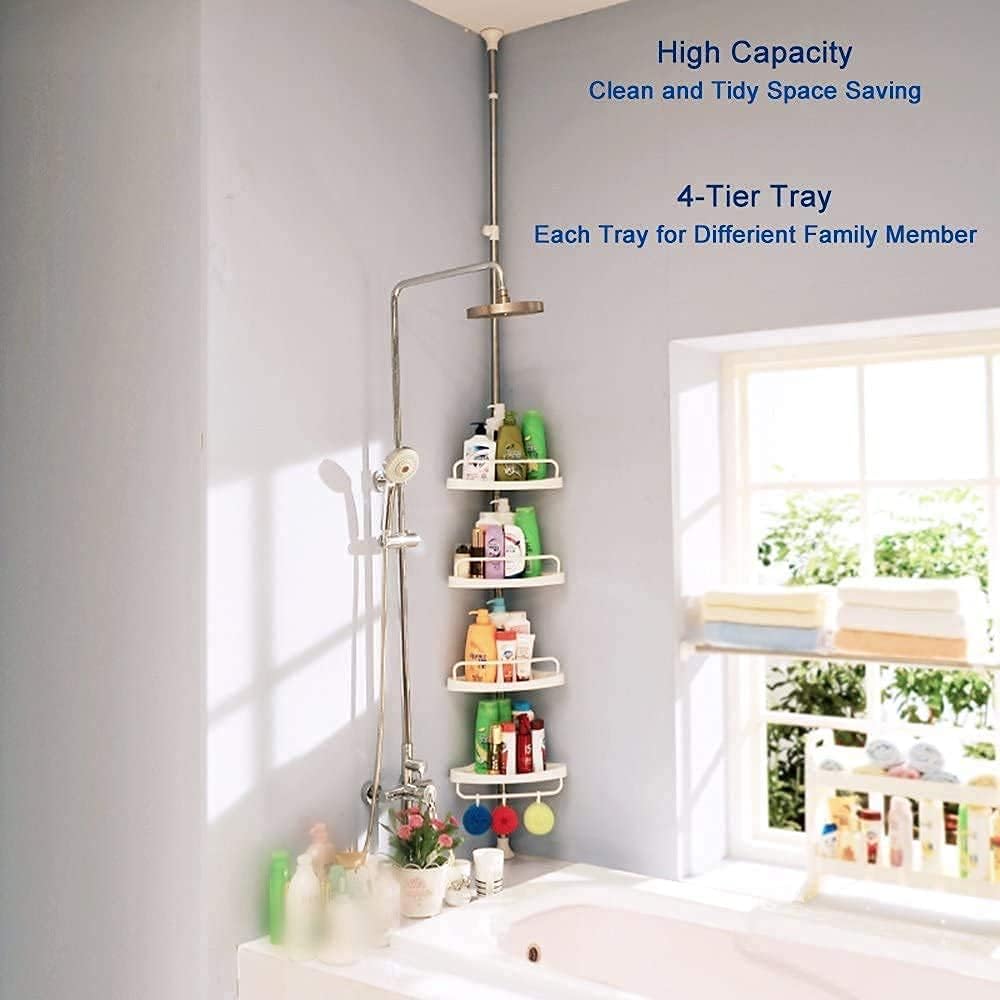 Shower Caddy Corner Tension Pole, Rustproof 4 Tier Adjustable Shower Shelf