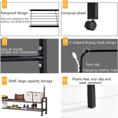 Cloth Rack, Clothes Hanger Stand Clothes Dryer Rail with Branch Hook (130cm-White)