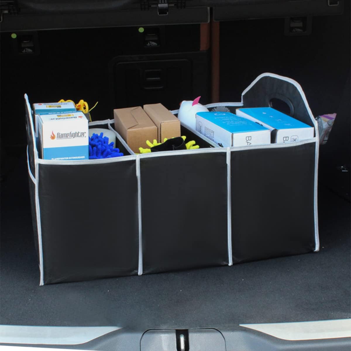 منظم صندوق السيارة، حقيبة تخزين محمولة قابلة للطي ومقاومة للماء مع 3 حجرات 