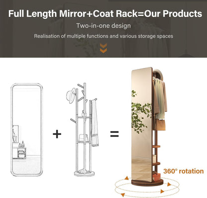 Rotaty Full Length Mirror, Unique Solid Wood Floor Mirror with Coat Rack