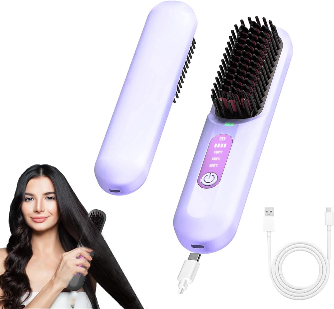 DSP Cordless Hair Straightener Brush, Portable Straightening Brush for Travel