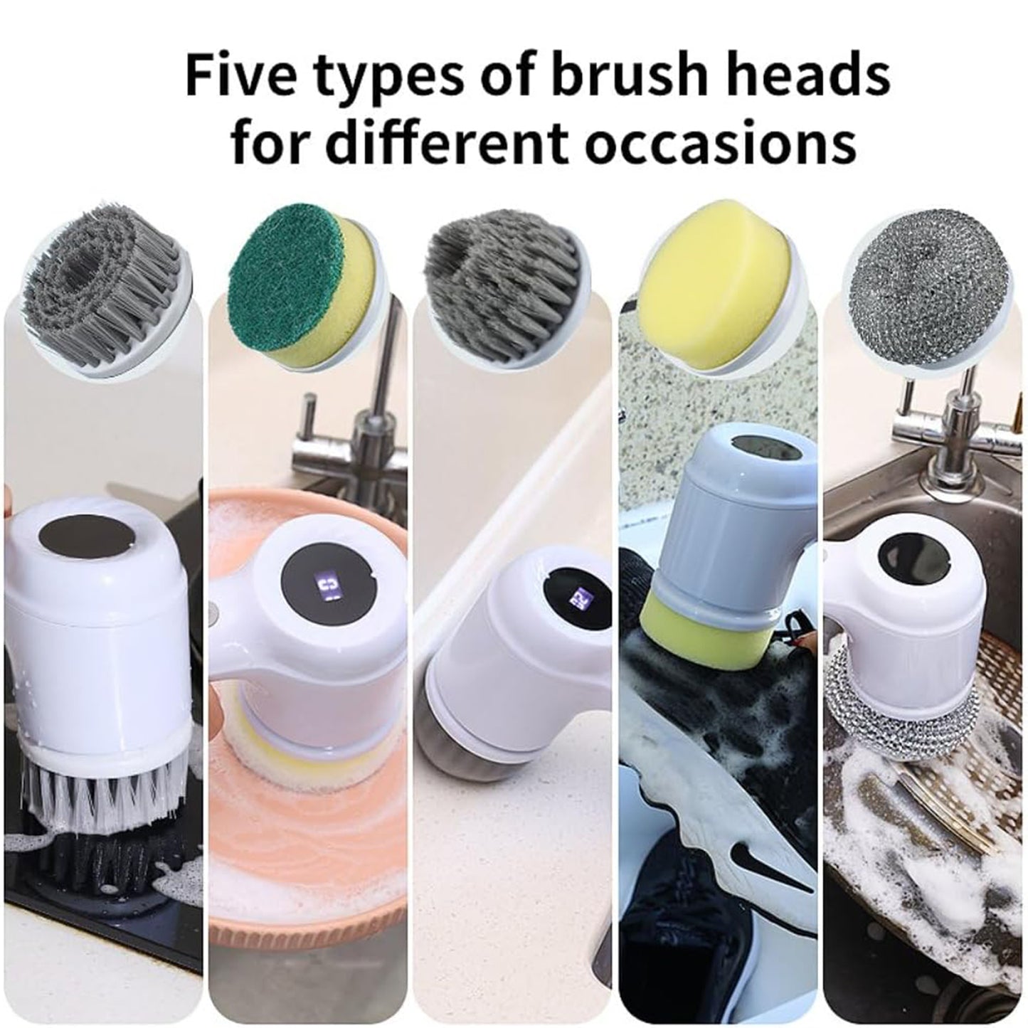 فرشاة كهربائية متعددة الوظائف للتنظيف مع مؤشر LED و 5 رؤوس فرشاة 