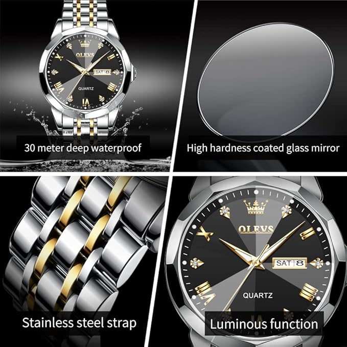 OLEVS Watch for Men Diamond Business Dress Analog Quartz Stainless Steel Waterproof Luminous Date Two Tone Luxury Casual Wrist Watch