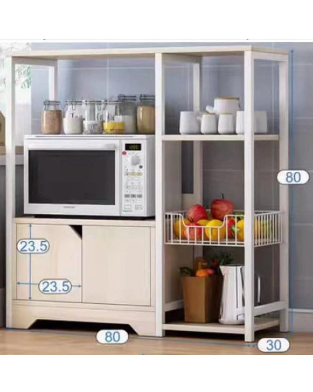 رف مطبخ عتيق لتخزين الأدوات المنزلية وحامل ميكروويف مع خزانة 