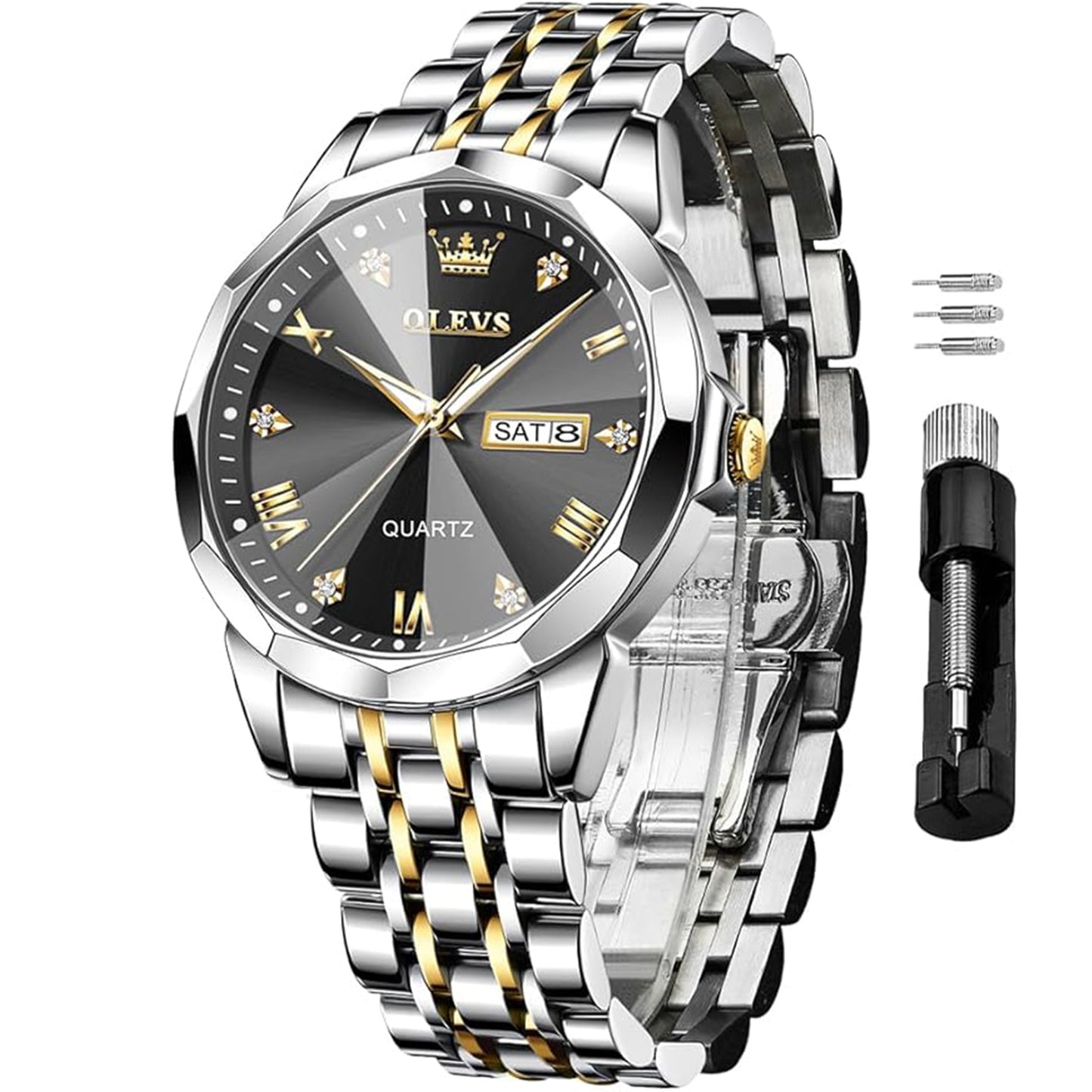 OLEVS Watch for Men Diamond Business Dress Analog Quartz Stainless Steel Waterproof Luminous Date Two Tone Luxury Casual Wrist Watch