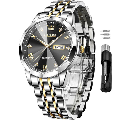 OLEVS Watch for Men Diamond Business Dress Analog Quartz Stainless Steel Waterproof Luminous Date Two Tone Luxury Casual Wrist Watch