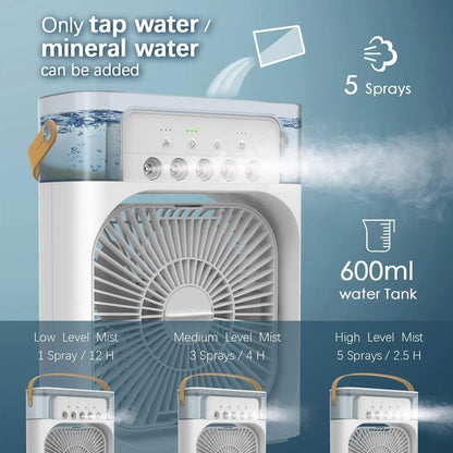 Portable Fan Mini Air Conditioner Fan, 600ML Water Tank Humidifier Desk Fan, 7 Color LED Light Desktop Misting Fast Cooling Fan