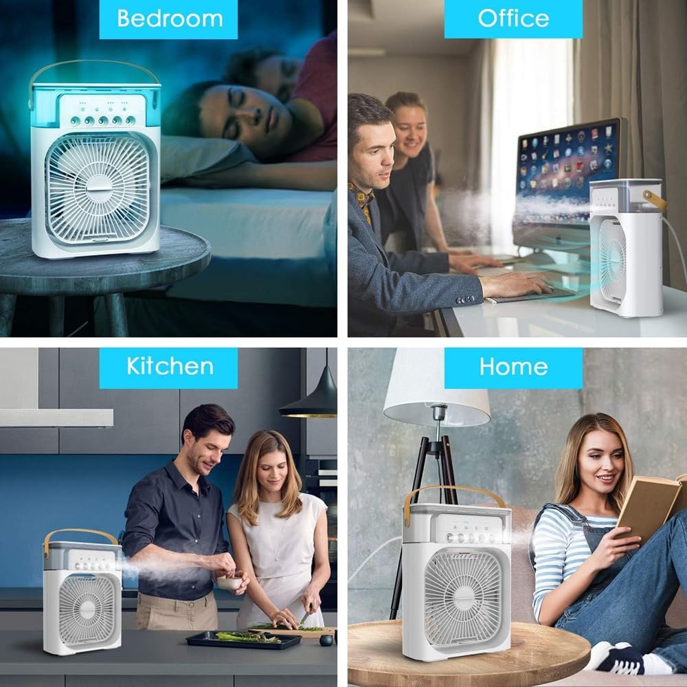 Portable Fan Mini Air Conditioner Fan, 600ML Water Tank Humidifier Desk Fan, 7 Color LED Light Desktop Misting Fast Cooling Fan