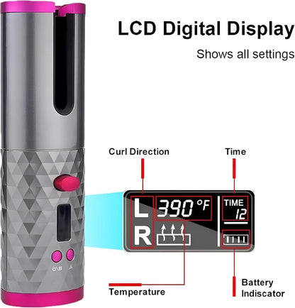 Cordless Automatic Hair Curler – Portable Ceramic Rotating Curling Iron with 6 Temperature & Timer Settings – Wireless Auto Curling Wand for Effortless Styling