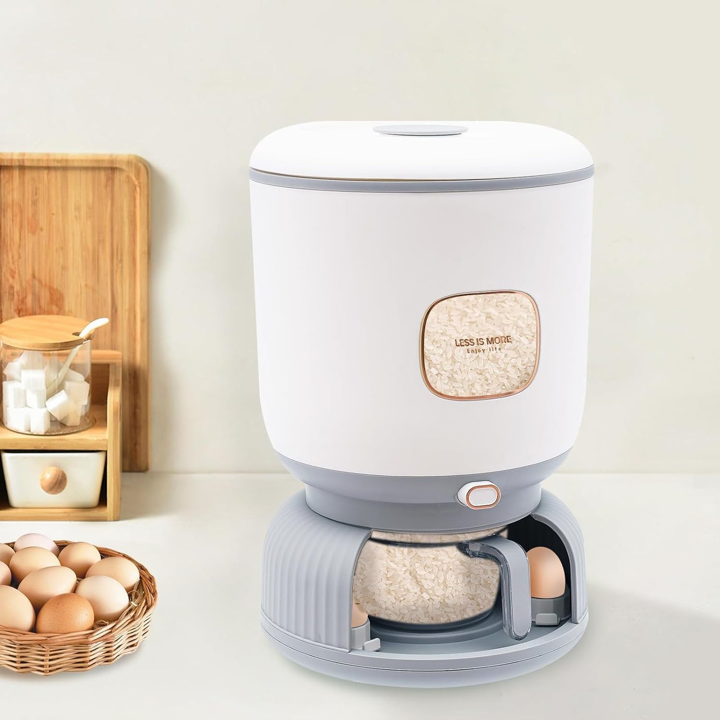 Rice Dispenser 22 Lbs (10Kg) Large Capacity, with Ten Egg Compartments & Measuring Cup