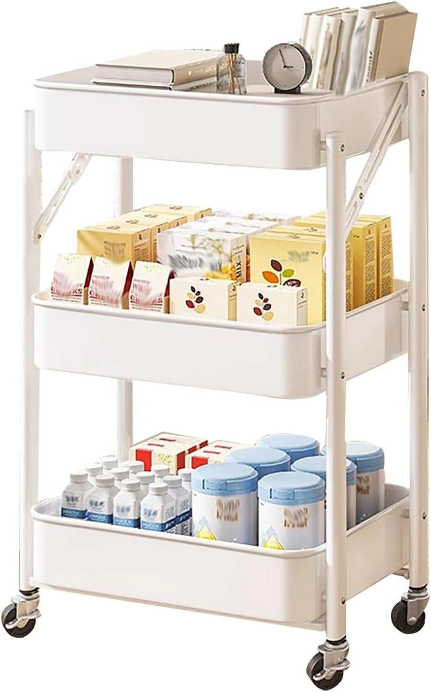 عربة مطبخ، بعجلات، 3 طبقات، قابلة للطي، رف فولاذي 