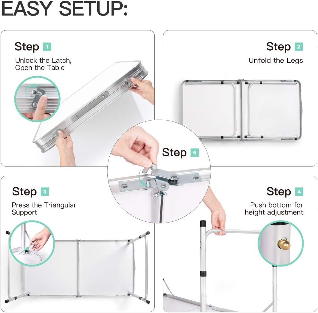 Folding Camping Table, Portable Adjustable Height Table, Lightweight Aluminum Material