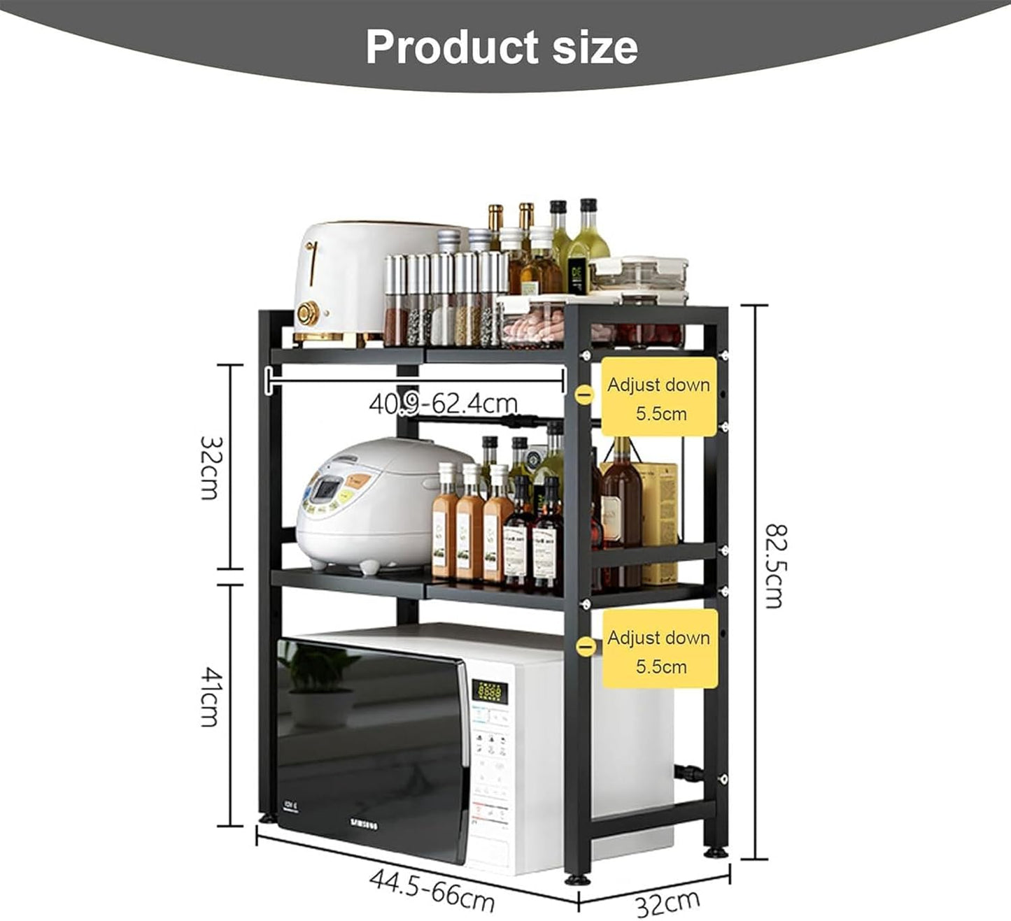 3-Tier Expandable Microwave Oven Rack - Adjustable Kitchen Countertop Organizer with Hooks & Cutting Board Holder