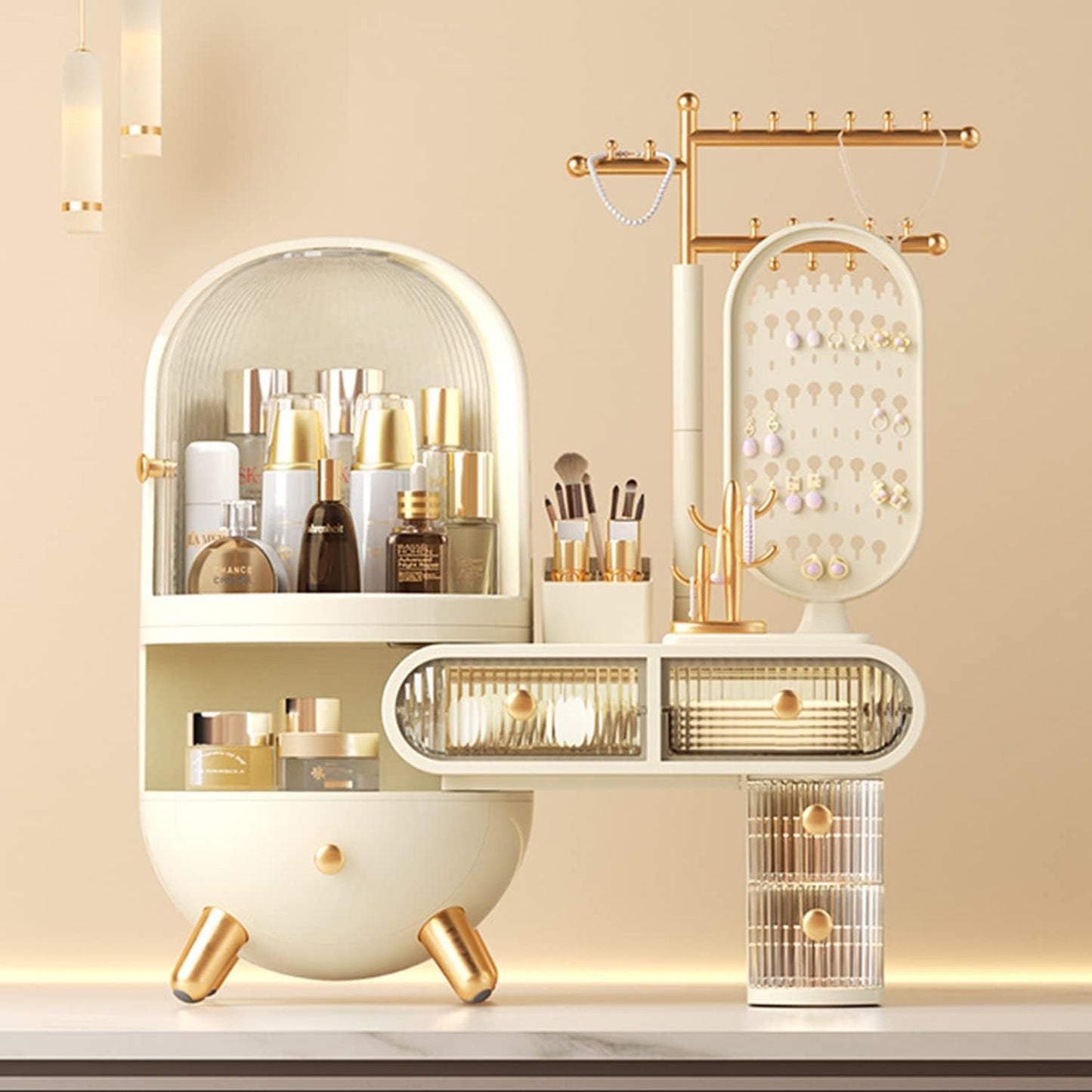 منظم مكياج مع مرآة LED، علبة عرض لتخزين مستحضرات التجميل بسعة كبيرة 