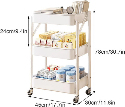 عربة مطبخ، بعجلات، 3 طبقات، قابلة للطي، رف فولاذي 