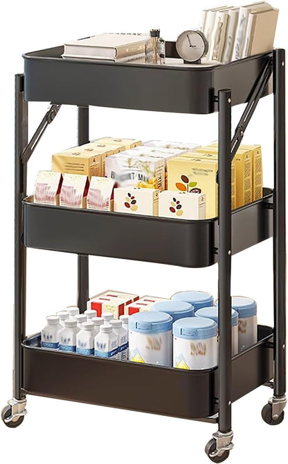 عربة مطبخ، بعجلات، 3 طبقات، قابلة للطي، رف فولاذي 
