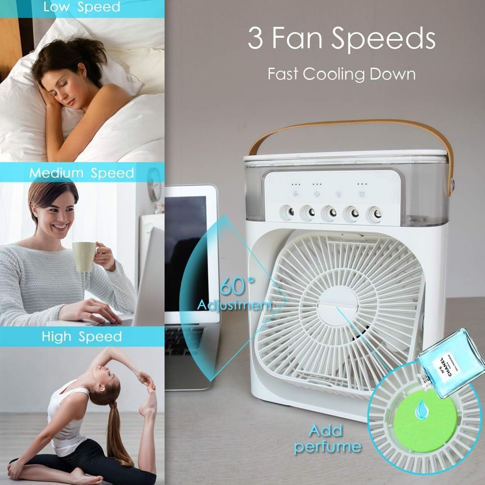 Portable Fan Mini Air Conditioner Fan, 600ML Water Tank Humidifier Desk Fan, 7 Color LED Light Desktop Misting Fast Cooling Fan