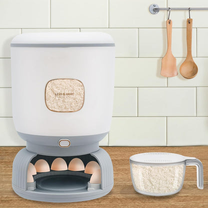 Rice Dispenser 22 Lbs (10Kg) Large Capacity, with Ten Egg Compartments & Measuring Cup