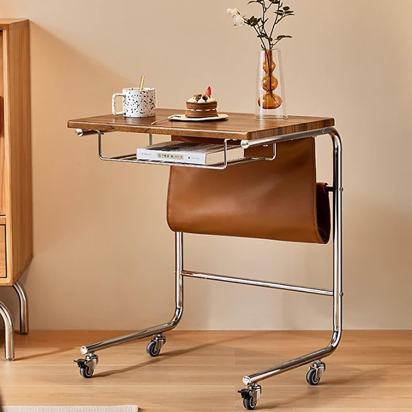 طاولة جانبية للأريكة، طاولة جانبية للأريكة على شكل حرف C مع عجلات (غرفة المعيشة، غرفة النوم، بجانب السرير) 