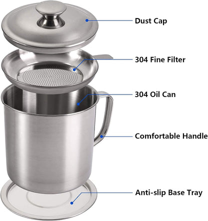 مصفاة شحوم ووعاء تخزين زيت من الفولاذ المقاوم للصدأ عالي الجودة 304 (1.3 لتر)