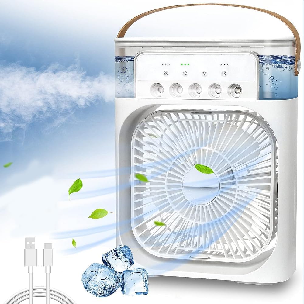 Portable Fan Mini Air Conditioner Fan, 600ML Water Tank Humidifier Desk Fan, 7 Color LED Light Desktop Misting Fast Cooling Fan