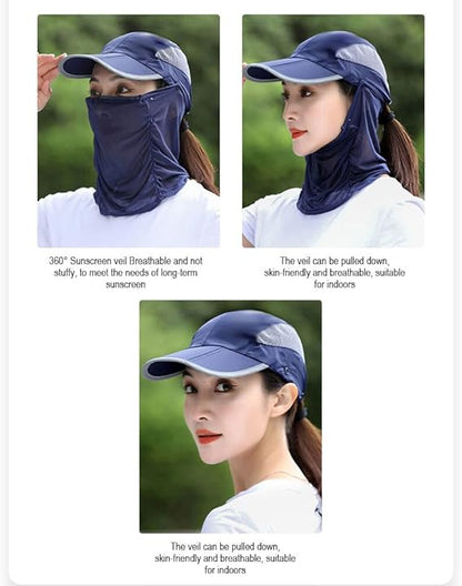 قبعة شمس صيفية قابلة للطي، غطاء للوجه برقبة قابلة للفصل 