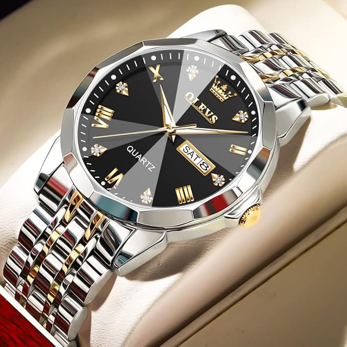 OLEVS Watch for Men Diamond Business Dress Analog Quartz Stainless Steel Waterproof Luminous Date Two Tone Luxury Casual Wrist Watch