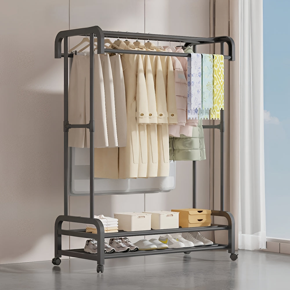 Double Rod Metal Clothes Rack with Storage Boxes for Shoes and Boots