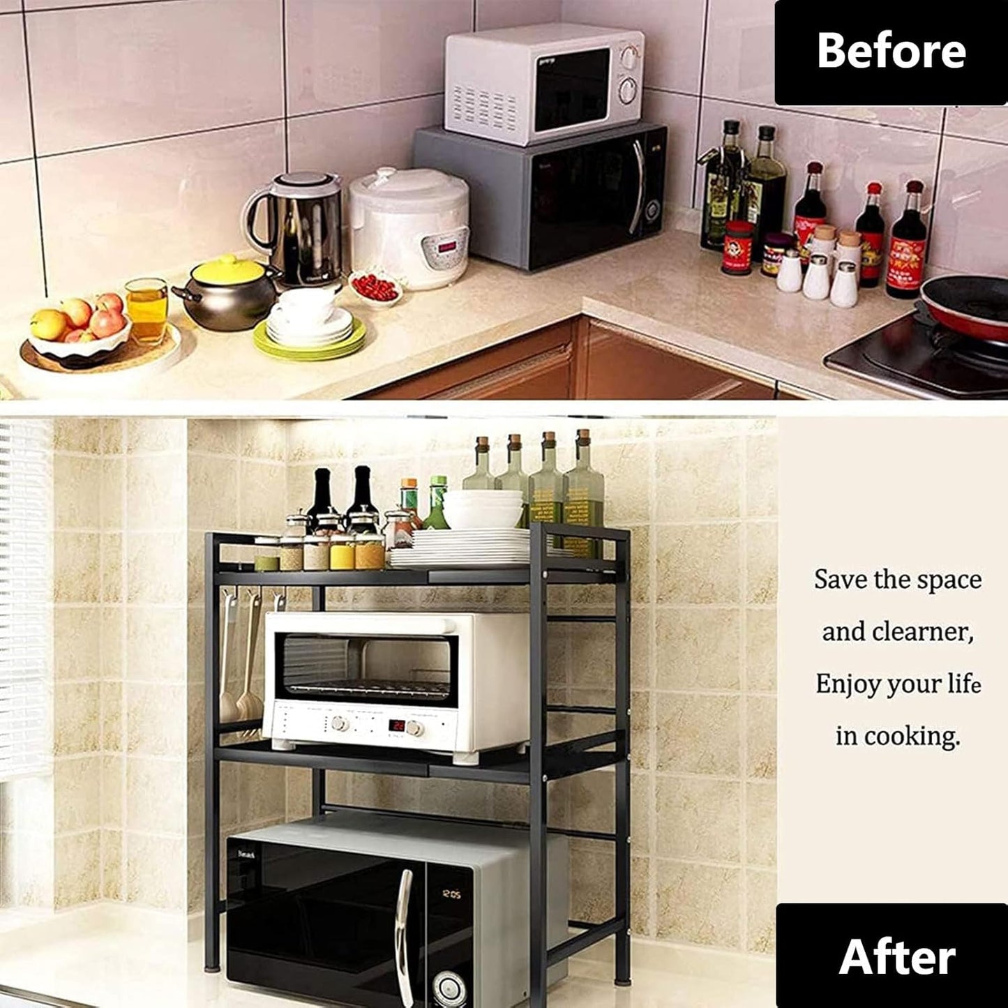 3-Tier Expandable Microwave Oven Rack - Adjustable Kitchen Countertop Organizer with Hooks & Cutting Board Holder