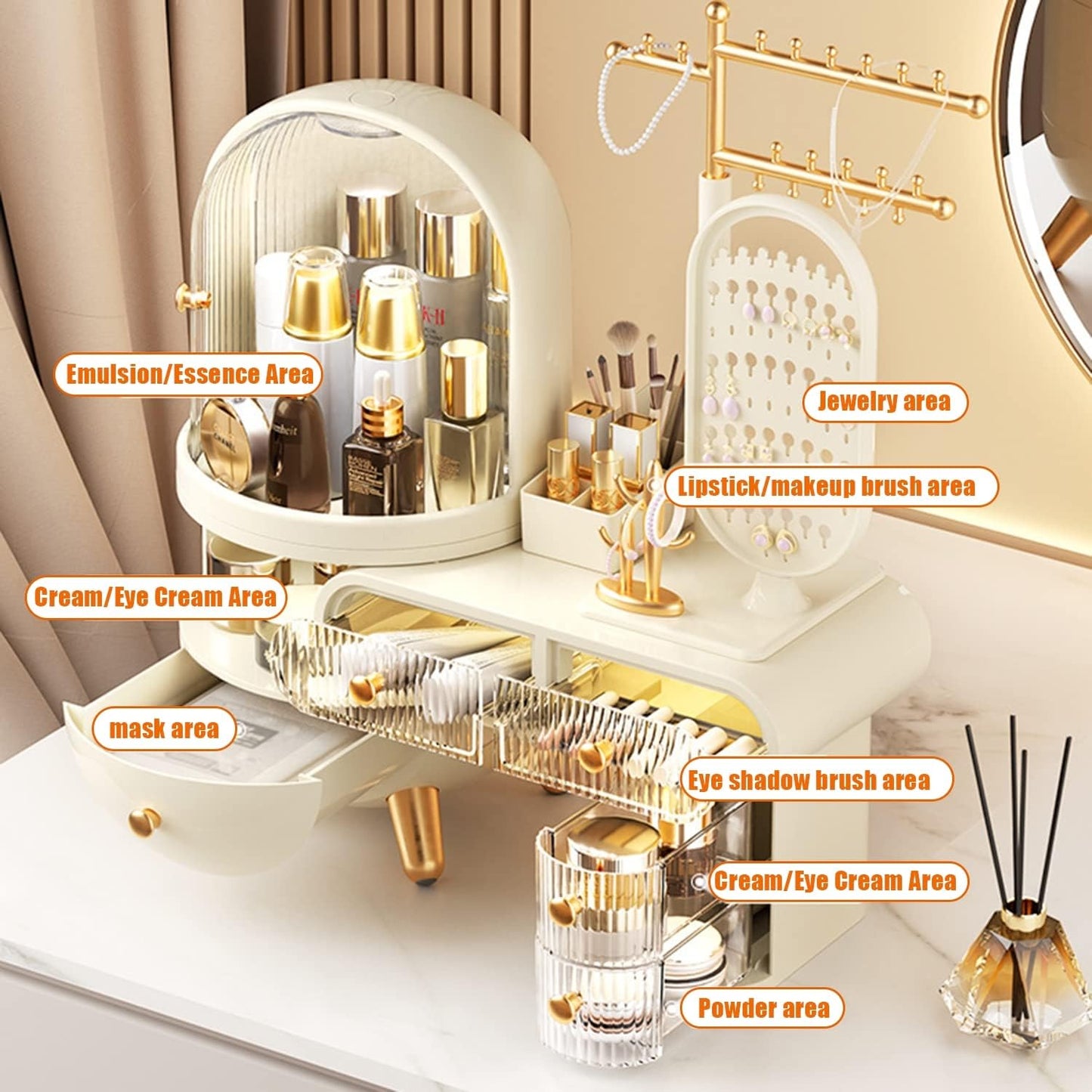 منظم مكياج مع مرآة LED، علبة عرض لتخزين مستحضرات التجميل بسعة كبيرة 