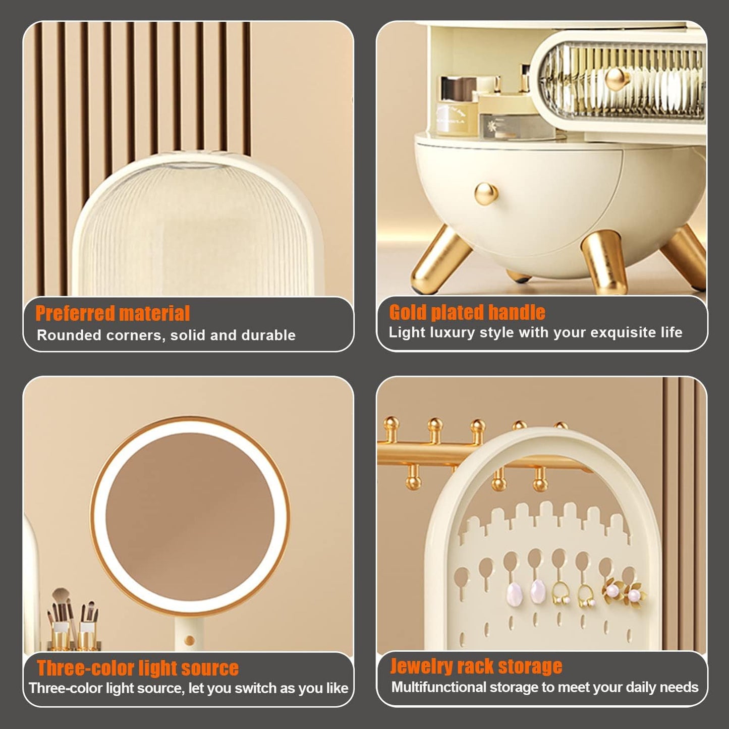 منظم مكياج مع مرآة LED، علبة عرض لتخزين مستحضرات التجميل بسعة كبيرة 