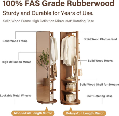 Rotaty Full Length Mirror, Unique Solid Wood Floor Mirror with Coat Rack