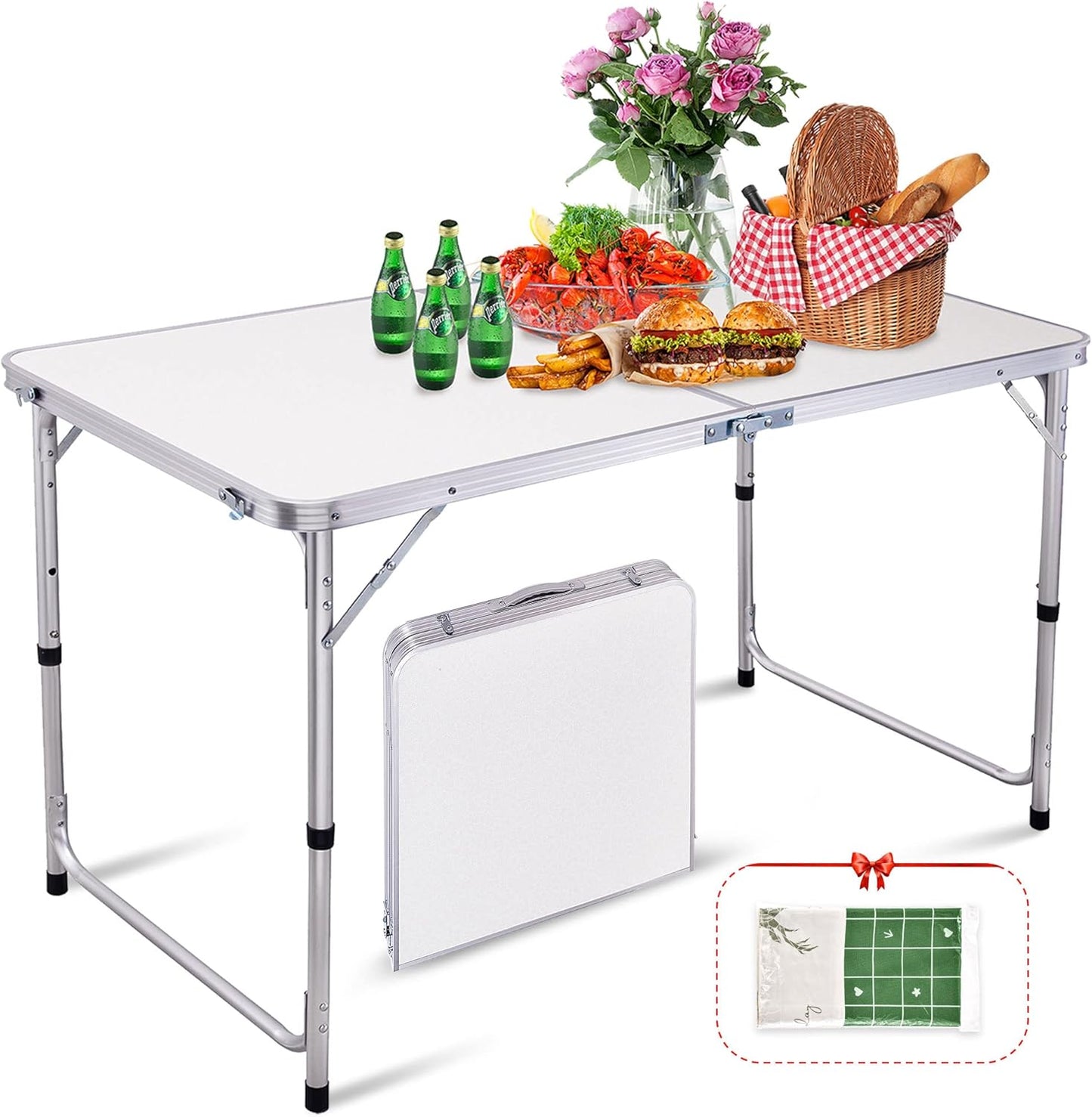 Folding Camping Table, Portable Adjustable Height Table, Lightweight Aluminum Material
