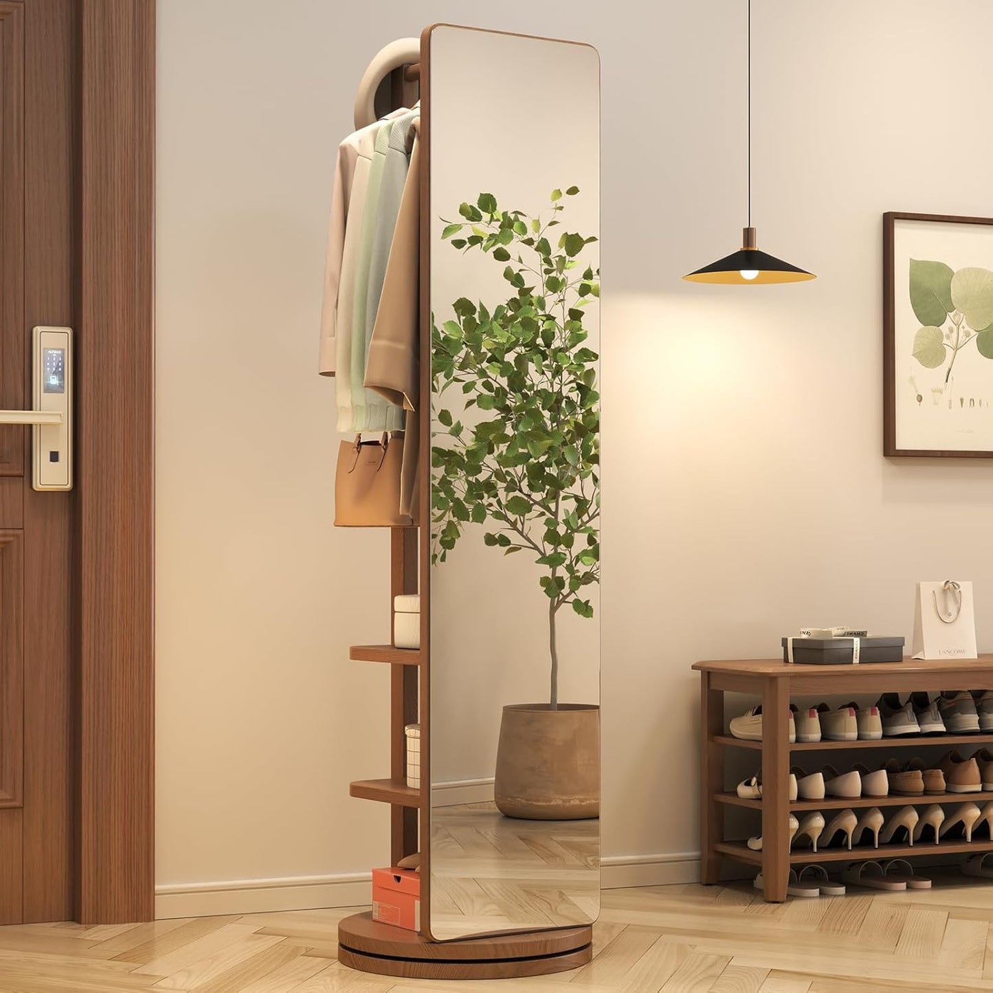 Rotaty Full Length Mirror, Unique Solid Wood Floor Mirror with Coat Rack