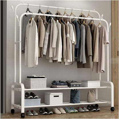 علاقة معاطف، علاقة ملابس مستقلة بعجلات | قضبان معدنية مزدوجة متعددة الوظائف 