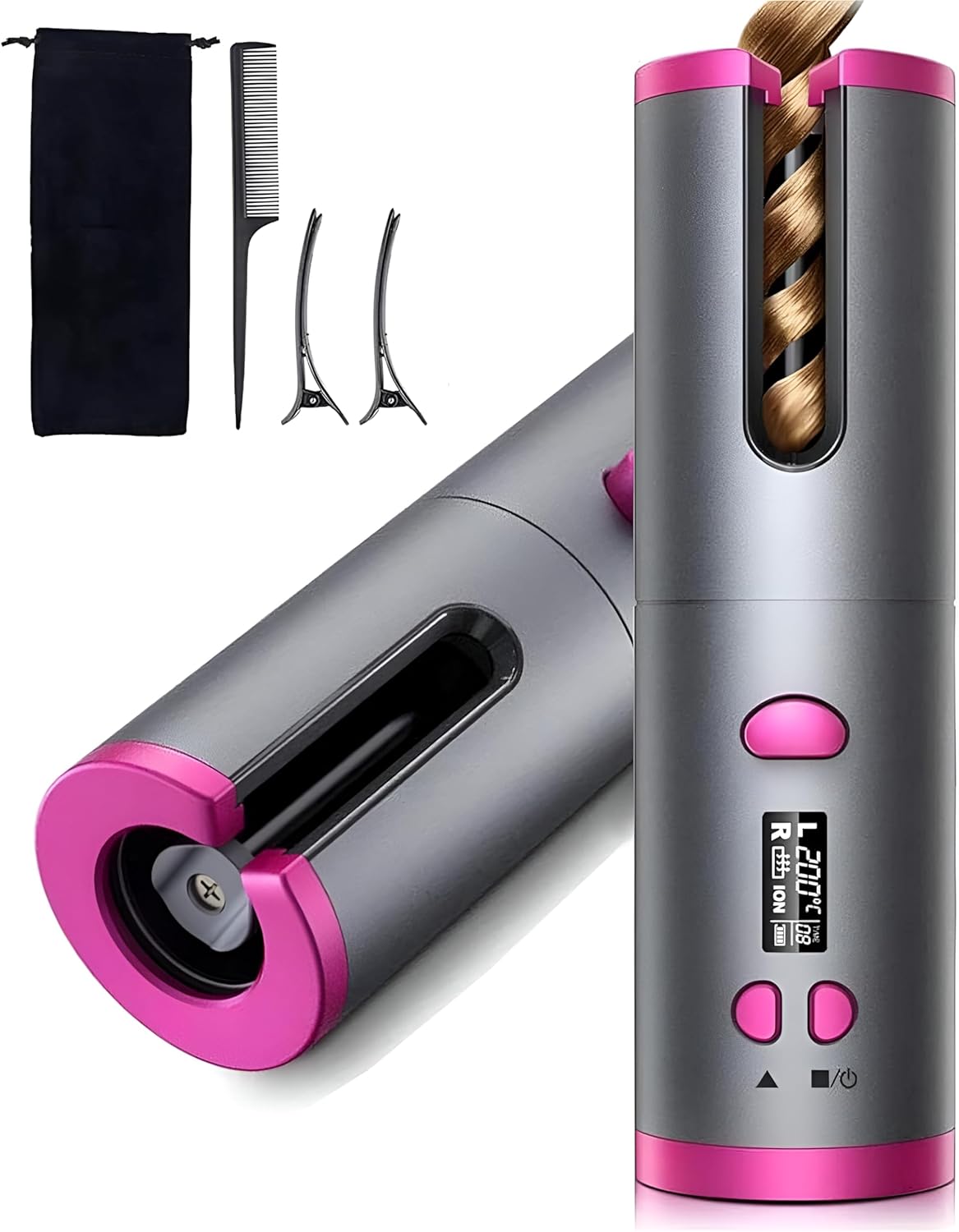 Cordless Automatic Hair Curler – Portable Ceramic Rotating Curling Iron with 6 Temperature & Timer Settings – Wireless Auto Curling Wand for Effortless Styling