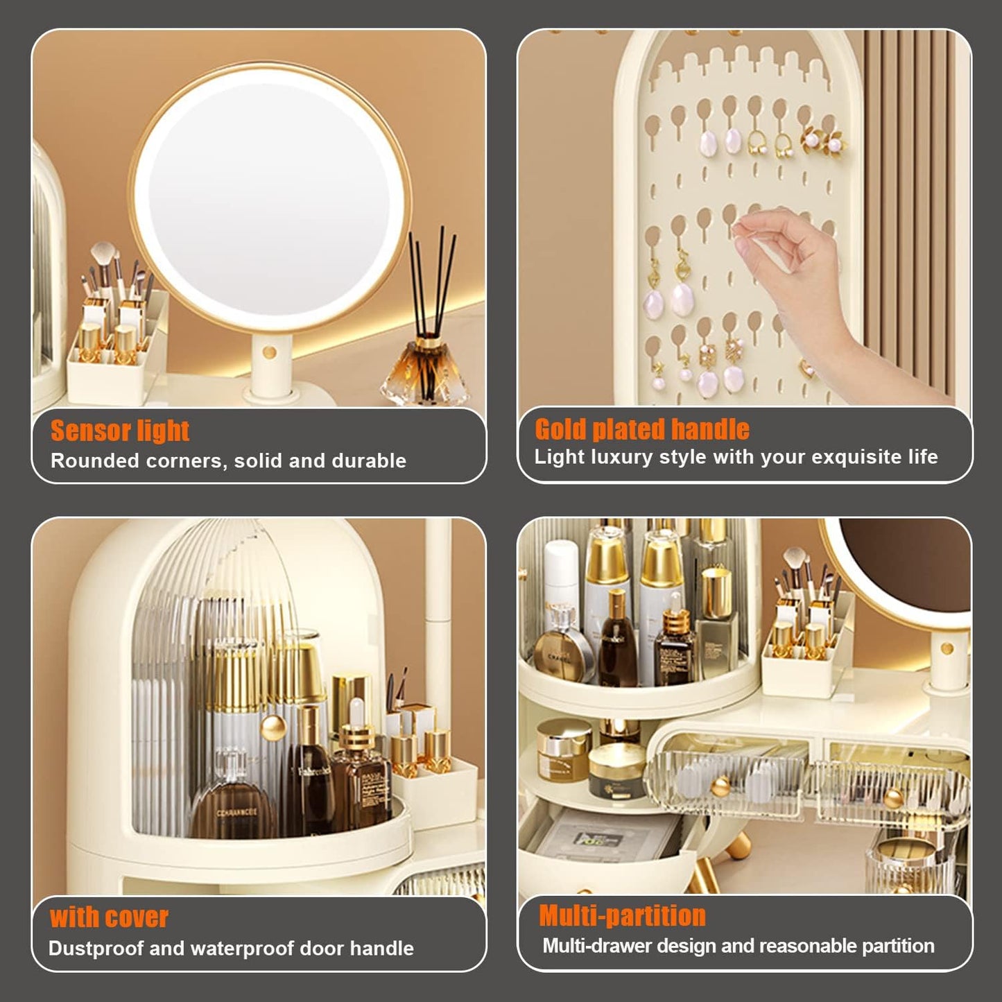 منظم مكياج مع مرآة LED، علبة عرض لتخزين مستحضرات التجميل بسعة كبيرة 