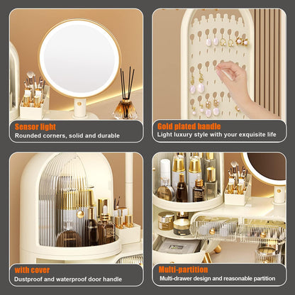 منظم مكياج مع مرآة LED، علبة عرض لتخزين مستحضرات التجميل بسعة كبيرة 