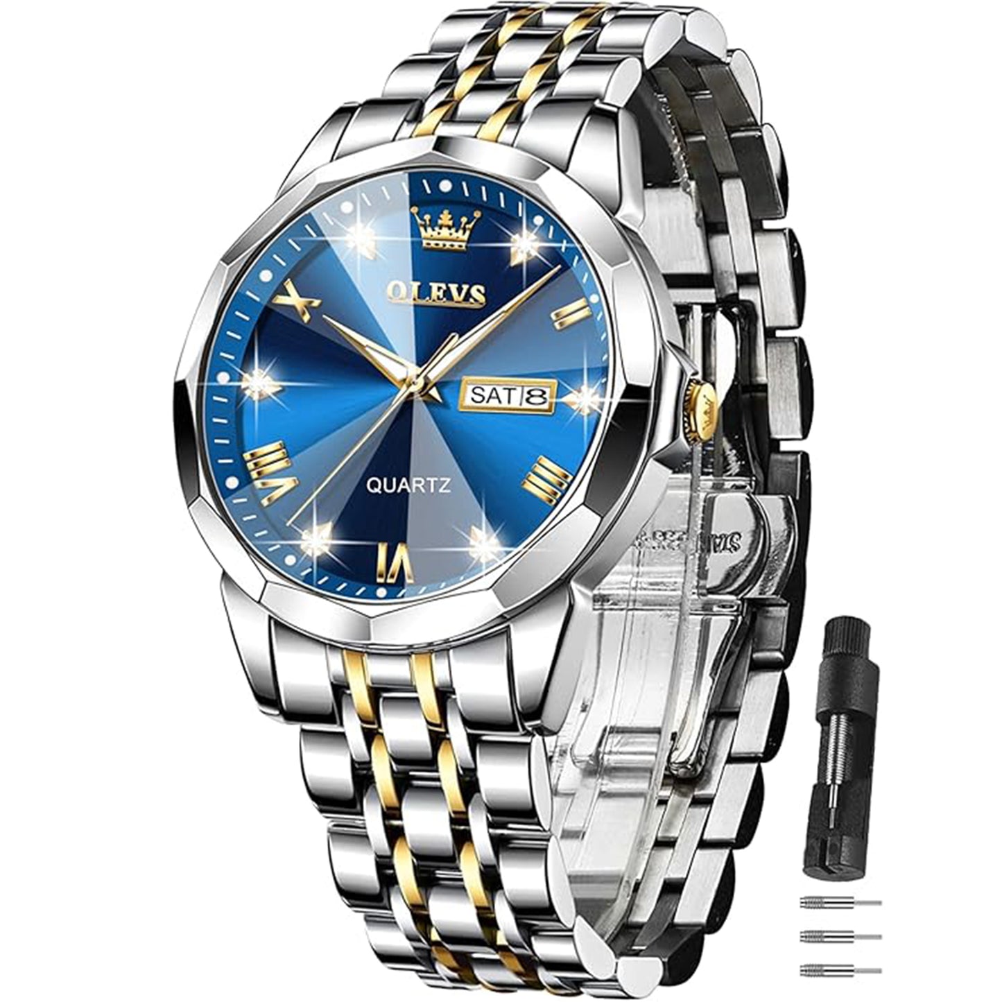 OLEVS Watch for Men Diamond Business Dress Analog Quartz Stainless Steel Waterproof Luminous Date Two Tone Luxury Casual Wrist Watch