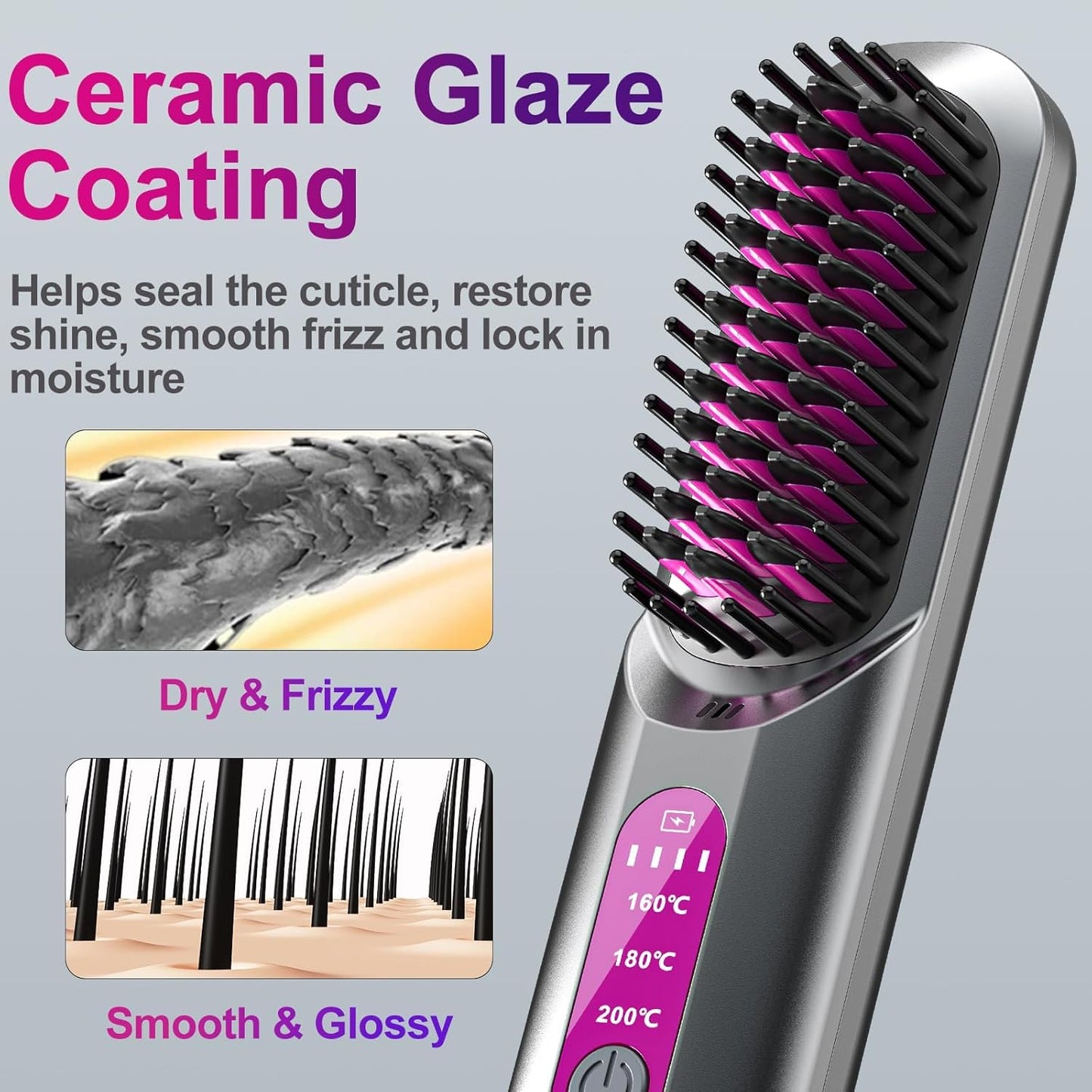 DSP Cordless Hair Straightener Brush, Portable Straightening Brush for Travel