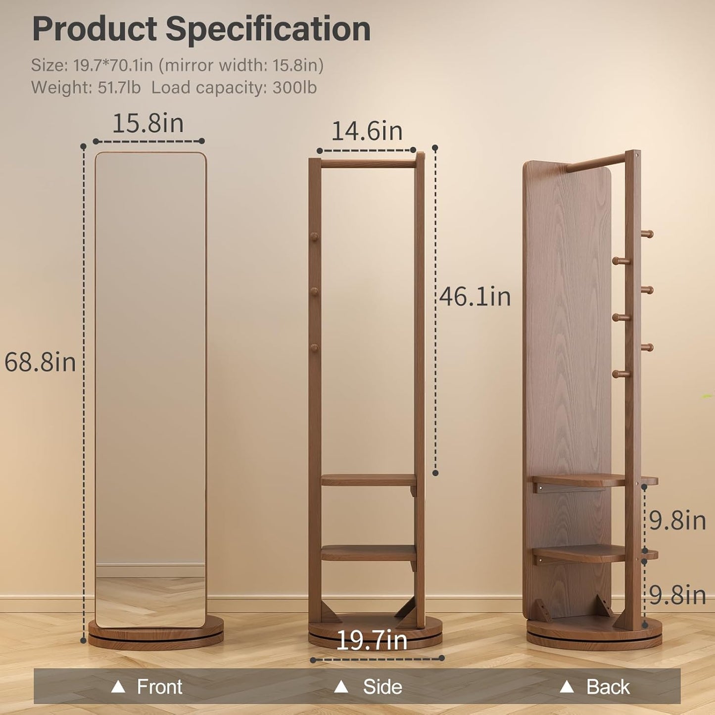 Rotaty Full Length Mirror, Unique Solid Wood Floor Mirror with Coat Rack
