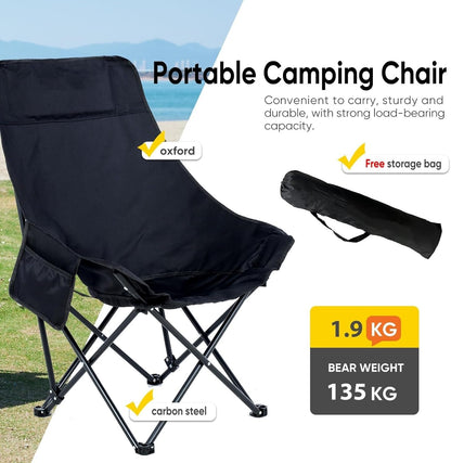 Portable Folding Camping Chair with High Back Upholstered Side Pocket Headrest
