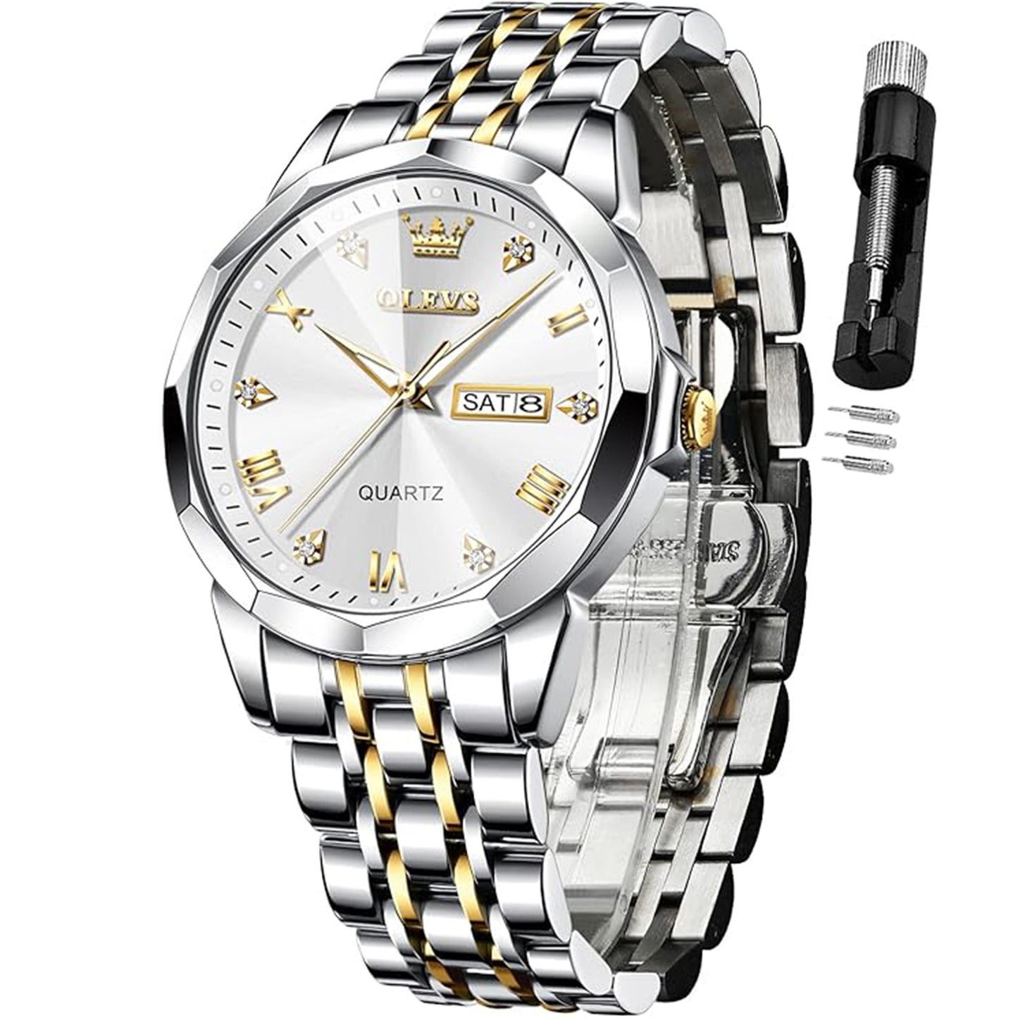 OLEVS Watch for Men Diamond Business Dress Analog Quartz Stainless Steel Waterproof Luminous Date Two Tone Luxury Casual Wrist Watch