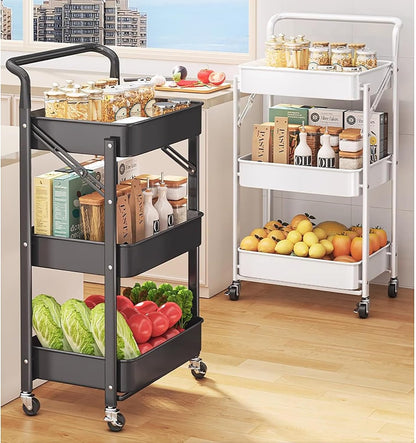 عربة مطبخ، بعجلات، 3 طبقات، قابلة للطي، رف فولاذي 