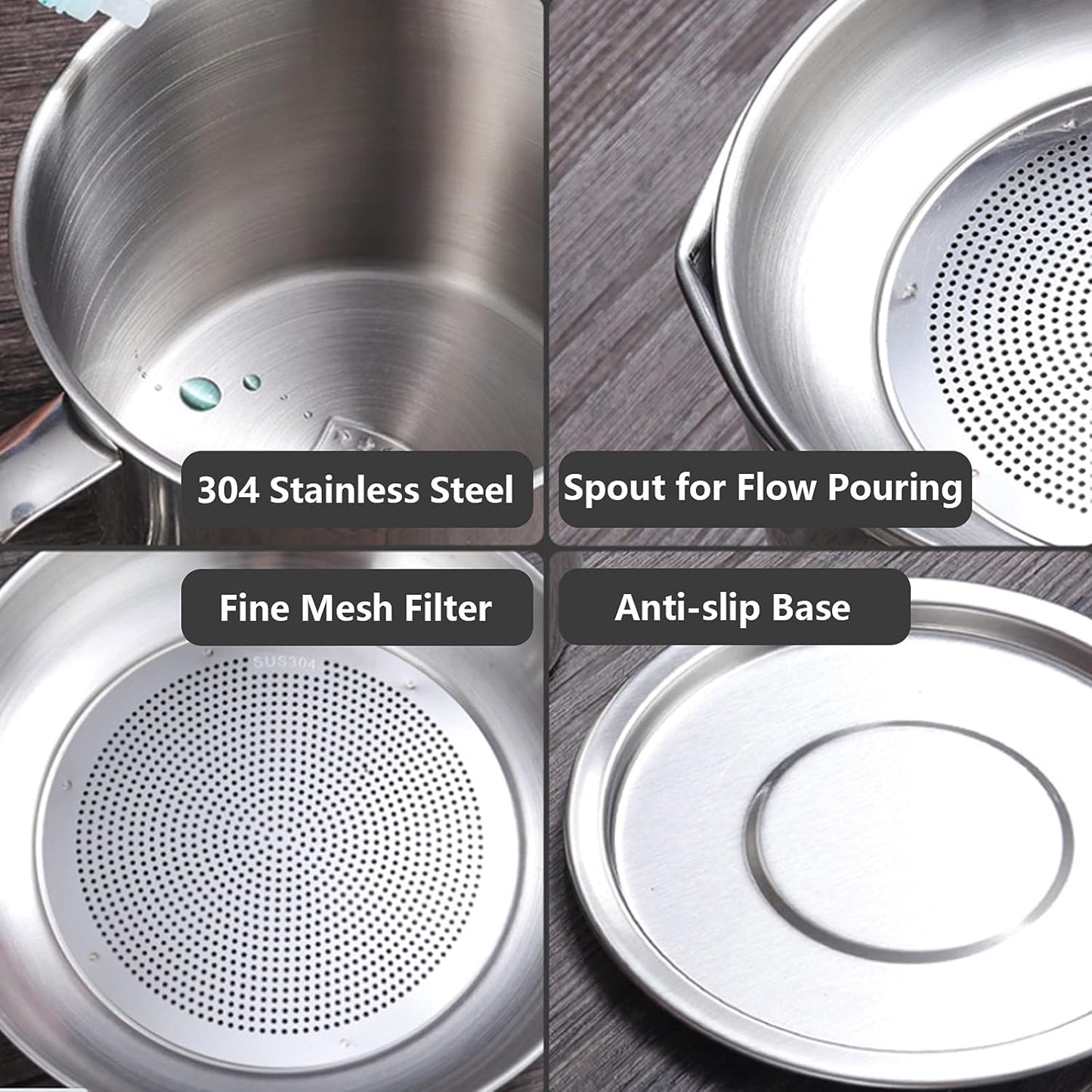 مصفاة شحوم ووعاء تخزين زيت من الفولاذ المقاوم للصدأ عالي الجودة 304 (1.3 لتر)