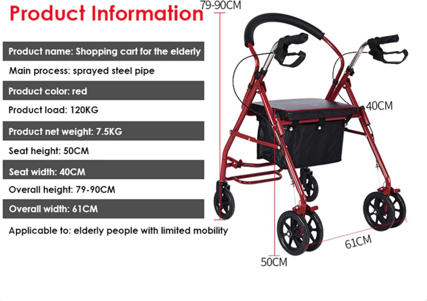 Folding Four Wheel Rollator, Lightweight Mobility Walker with Seat & Carry Bag